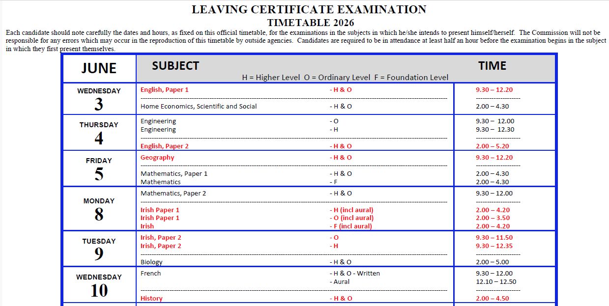 Timetable for LC 2026